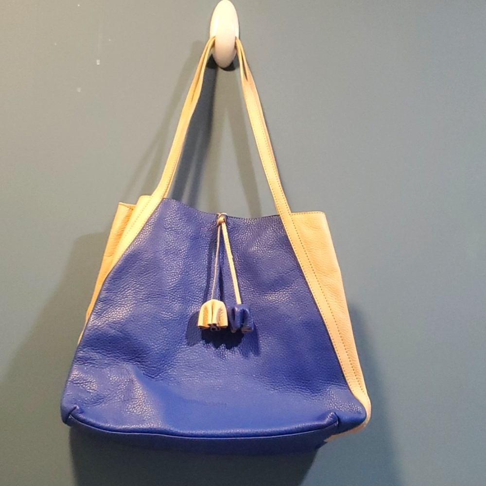 Daniella Ortiz Teasel Shoulder Bag - Blue and Tan Color Block. Genuine l…